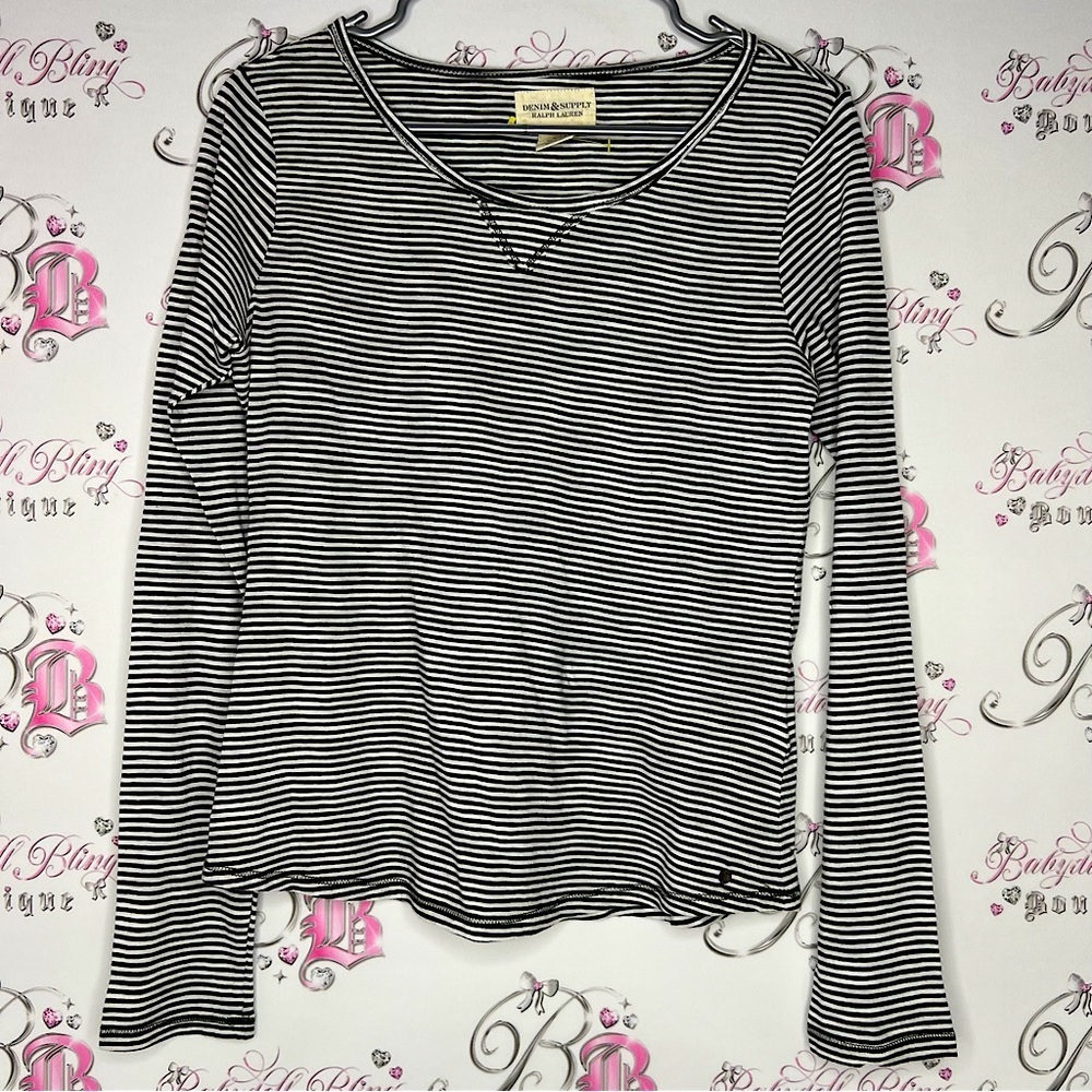 Ralph Lauren shirt long sleeve striped black and white with metal emblem logo